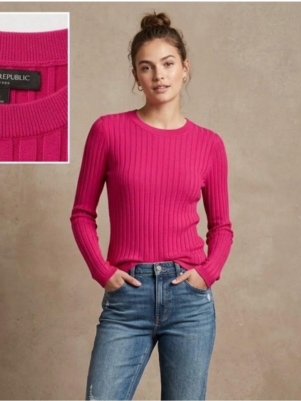 Banana Republic Ribbed Crewneck Sweater in Bright Pink